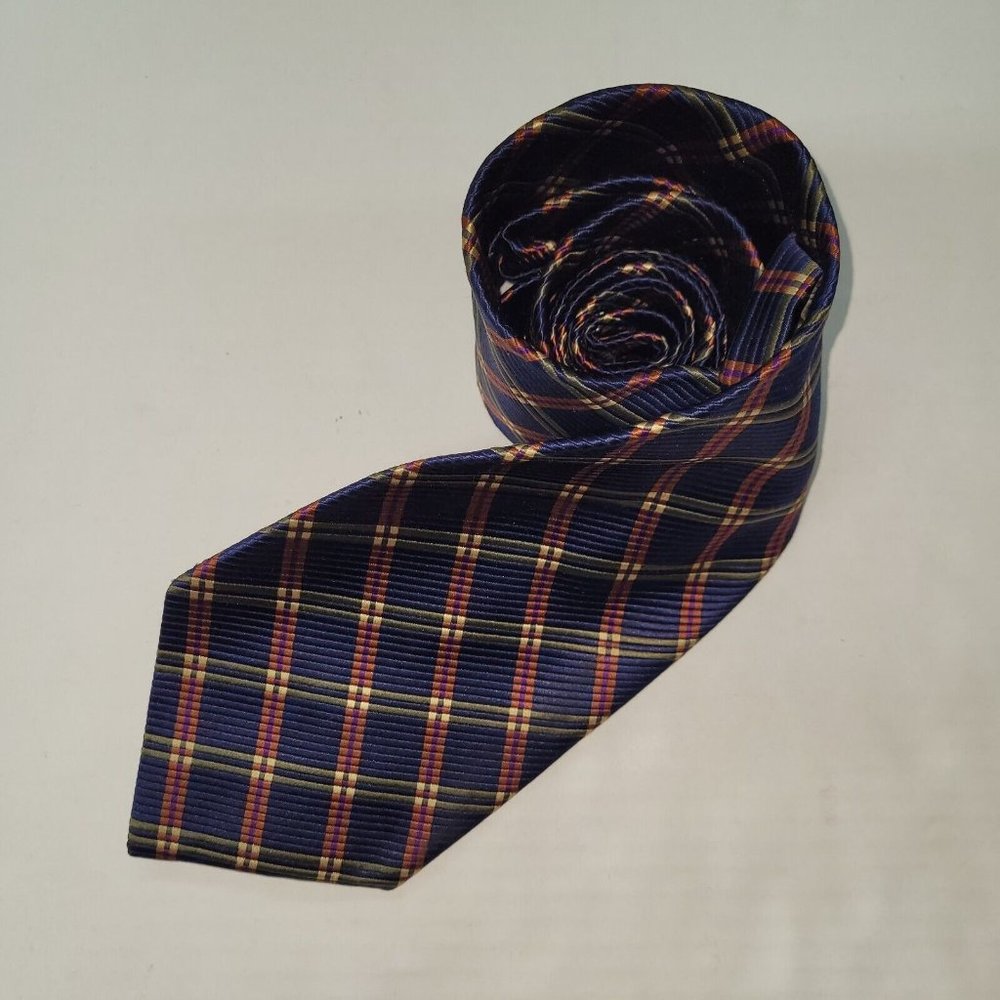 Roundtree & Yorke Men Necktie Silk Handmade Plaid‎ Print Reinforced Neck USA